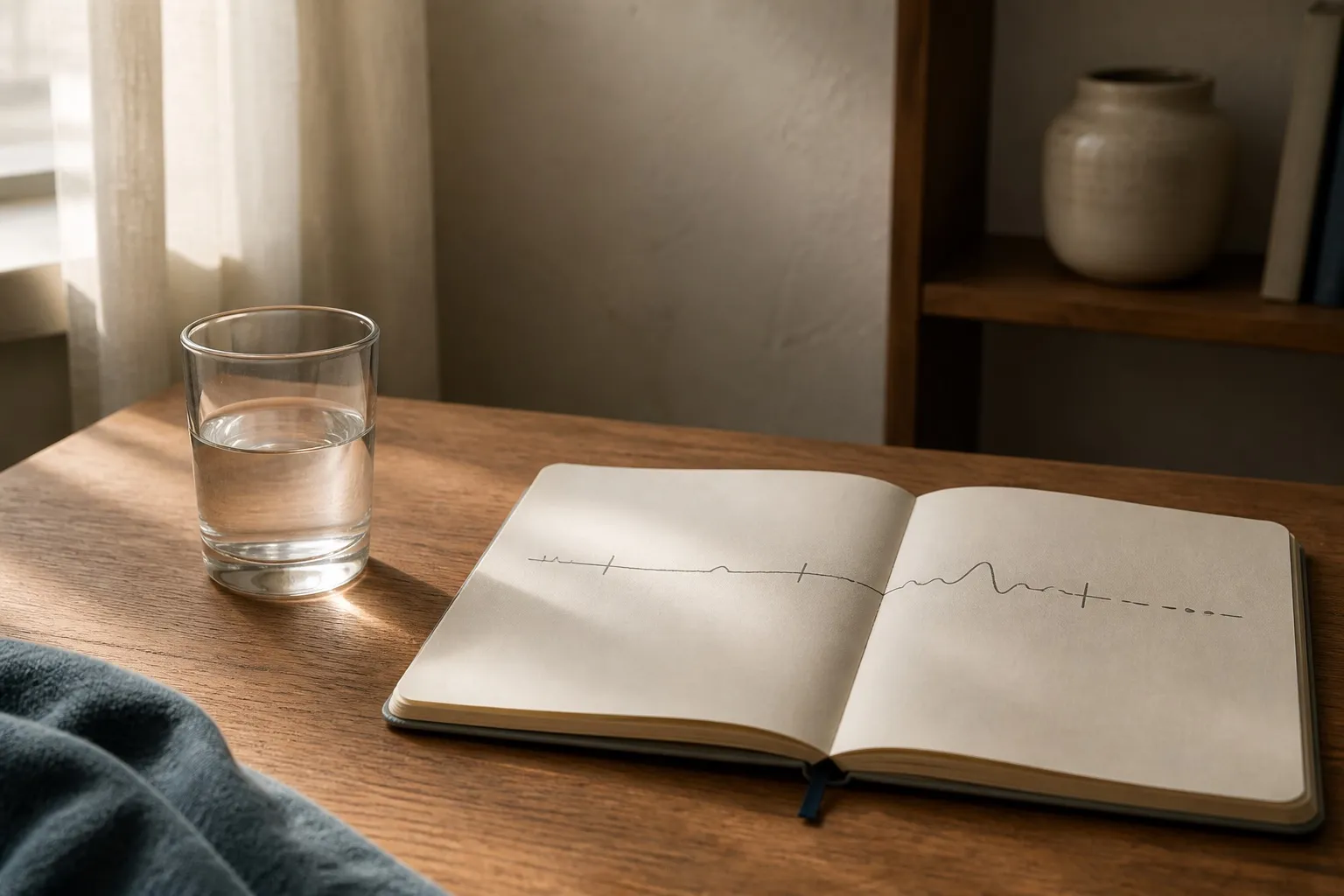 Warm afternoon workspace with a glass of water and an open notebook showing an abstract timeline sketch