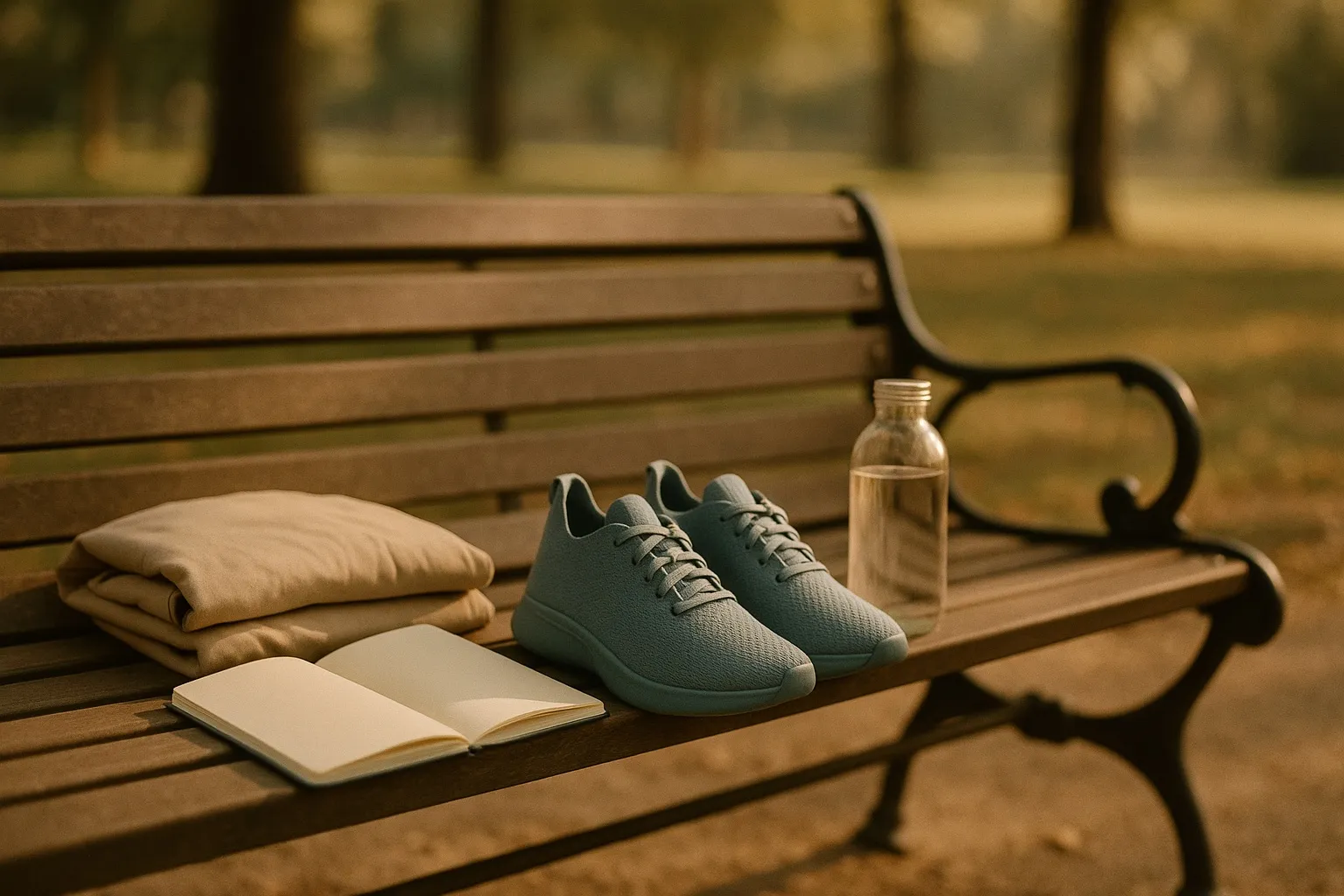 Running shoes and a folded jacket beside a blank notebook on a quiet park bench in late-afternoon light