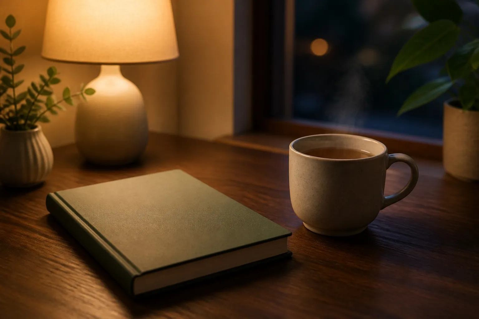 Warm evening desk with a blank closed planner and a steaming cup of herbal tea under an ambient lamp