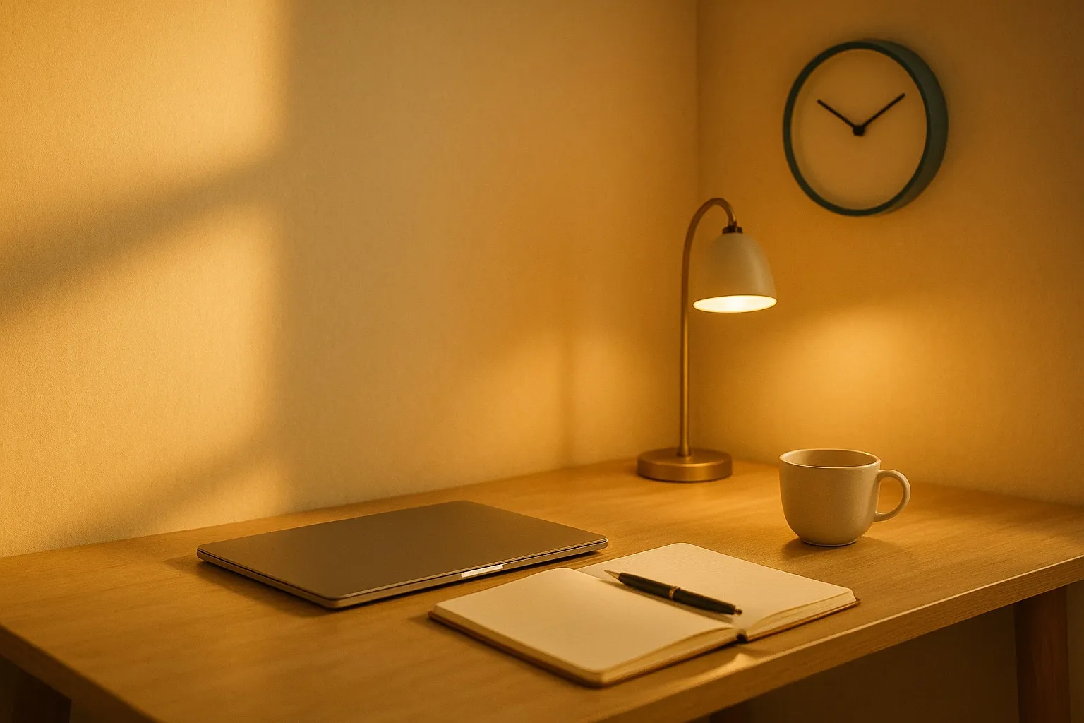 A closed laptop, open notebook, tea cup, desk lamp, and wall clock on a home workspace as a busy day winds down.