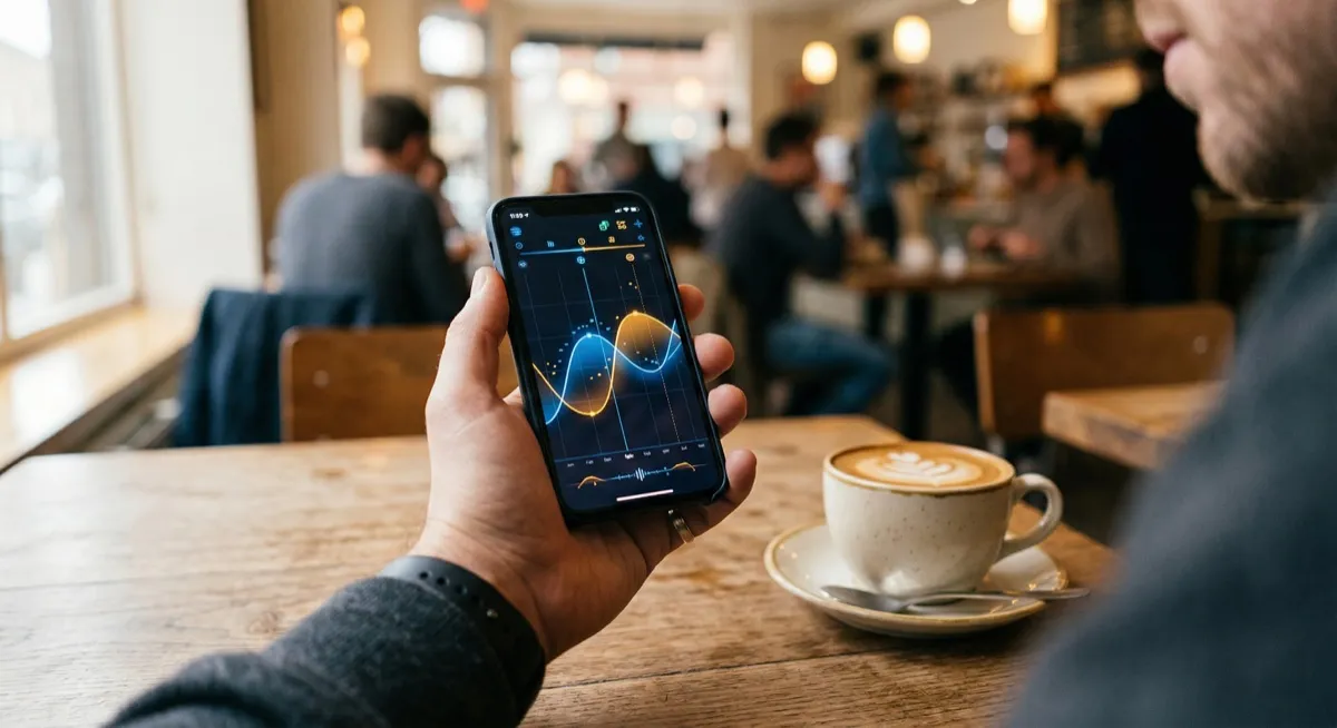 Smartphone showing a medication and caffeine timeline visualization in a cafe setting