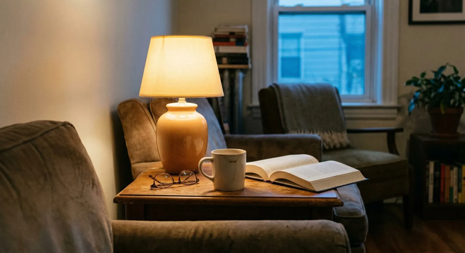 Early evening living room with a coffee mug, open book, reading glasses, and warm lamp light against a blue dusk window