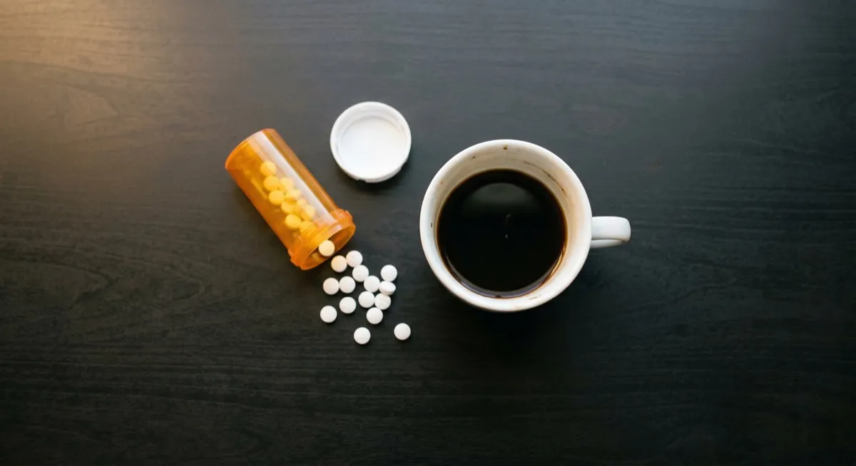 Coffee cup and prescription medication on a dark surface