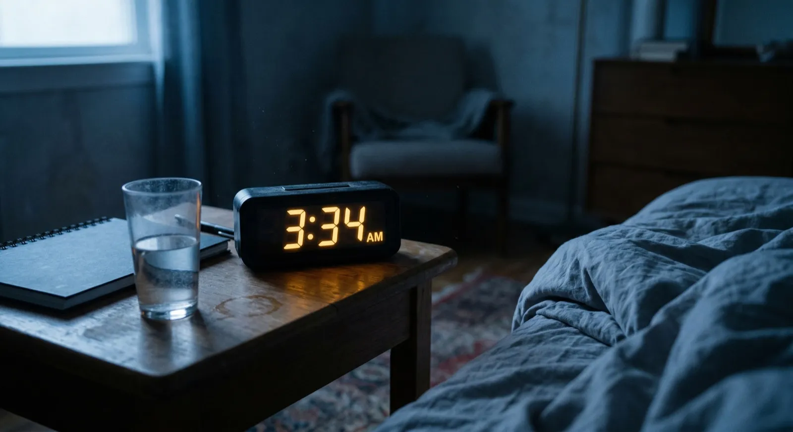 Bedside table before dawn with a glowing clock showing 3:34 AM, a glass of water, a notebook, and rumpled bedding