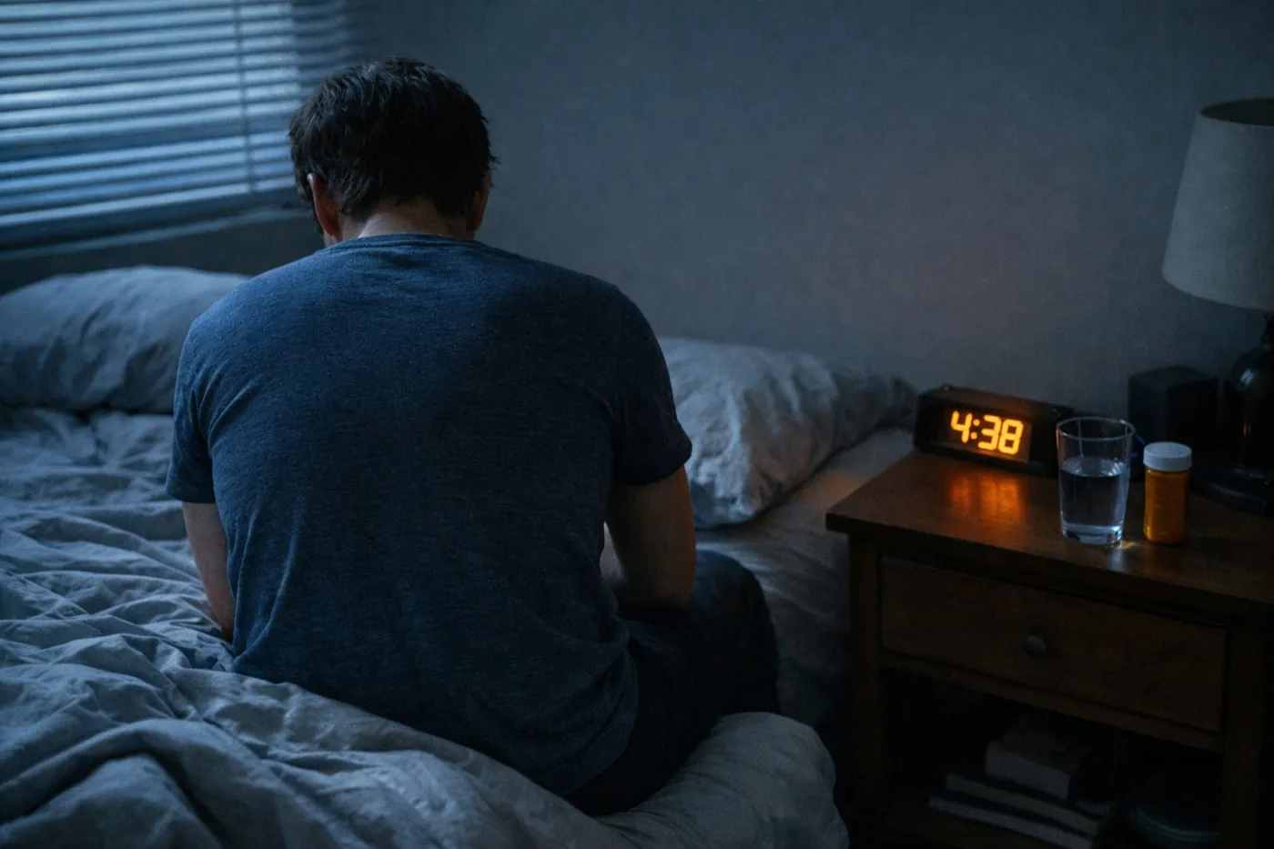 Person sitting on the edge of an unmade bed before dawn, with a bedside clock showing 4:38, a glass of water, and a prescription bottle