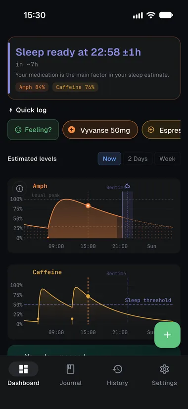 Dashboard with an estimated sleep-ready time, quick log for Vyvanse and espresso, and modeled amphetamine and caffeine curves against a sleep threshold