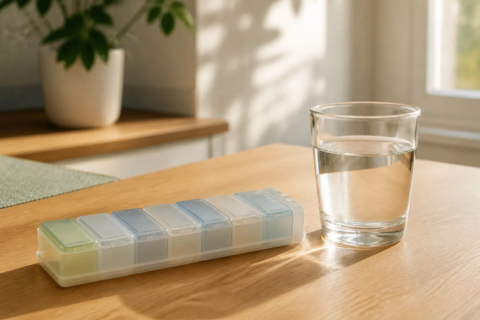 A weekly pill organizer and a clear glass of water on a sunlit wooden table