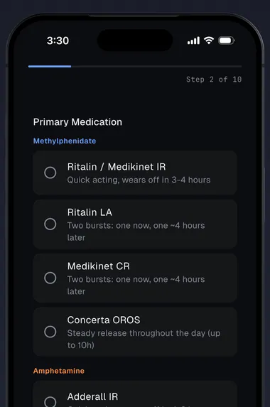 Onboarding medication picker grouped by methylphenidate and amphetamine, with Ritalin IR, Ritalin LA, Medikinet CR, Concerta OROS, Adderall IR and other formulations