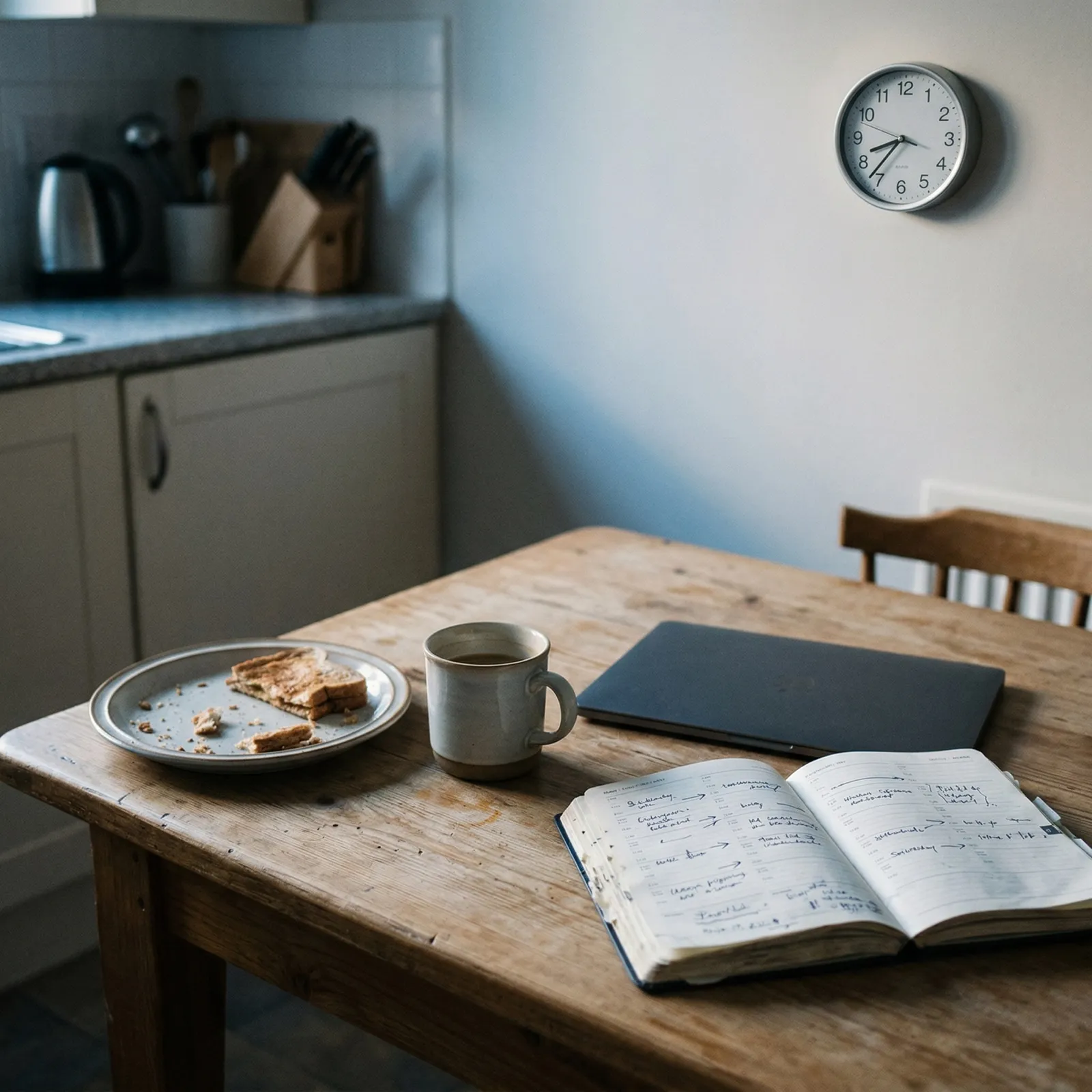 Quiet kitchen table after breakfast with coffee, an open planner, a closed laptop, and a wall clock showing around 8:20 AM