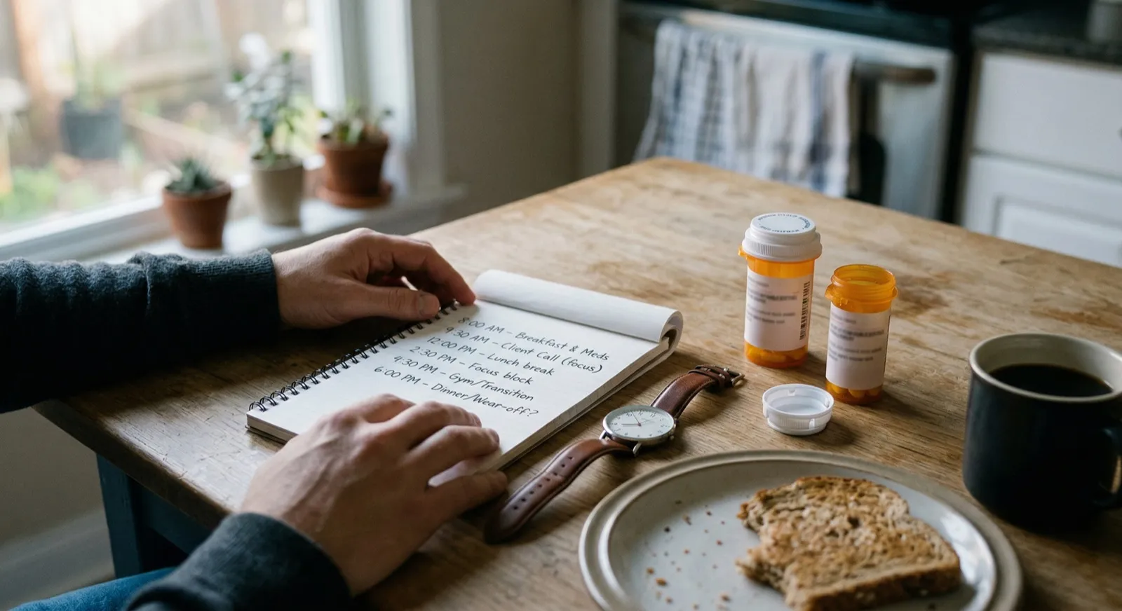 Morning kitchen table with a handwritten daily schedule, coffee, toast, watch, and two prescription bottles