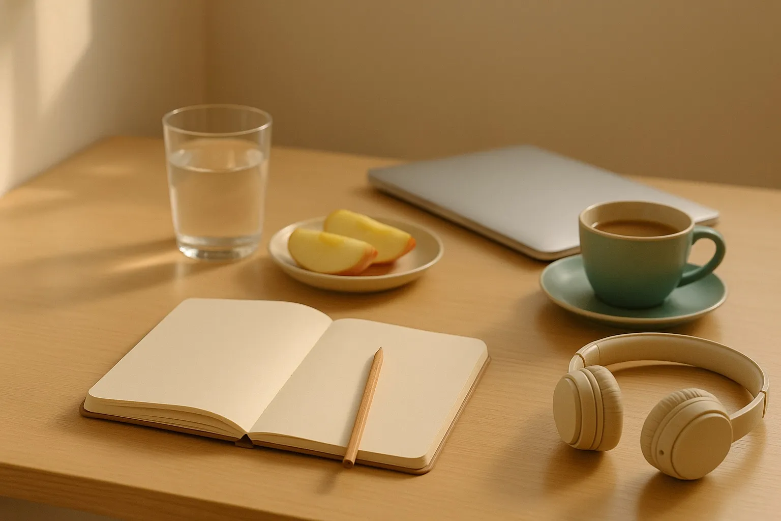Home desk in soft afternoon light with an open blank notebook and pencil, water glass, apple slices, tea cup, closed laptop, and headphones