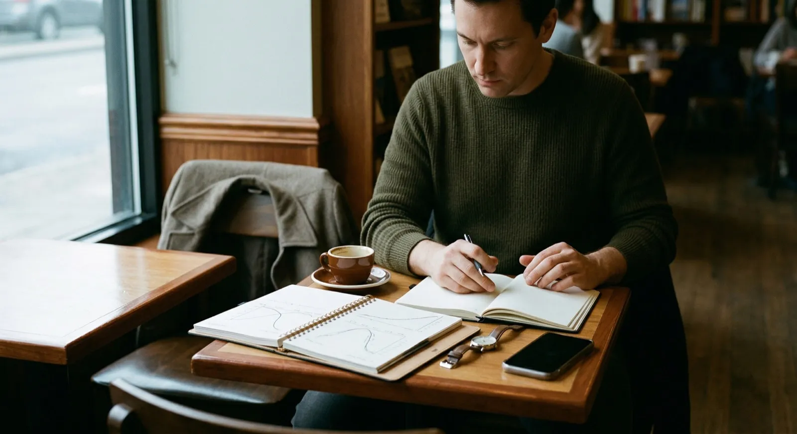 Person in a quiet cafe writing in a notebook beside hand-drawn time curves, an espresso cup, a watch, and a phone