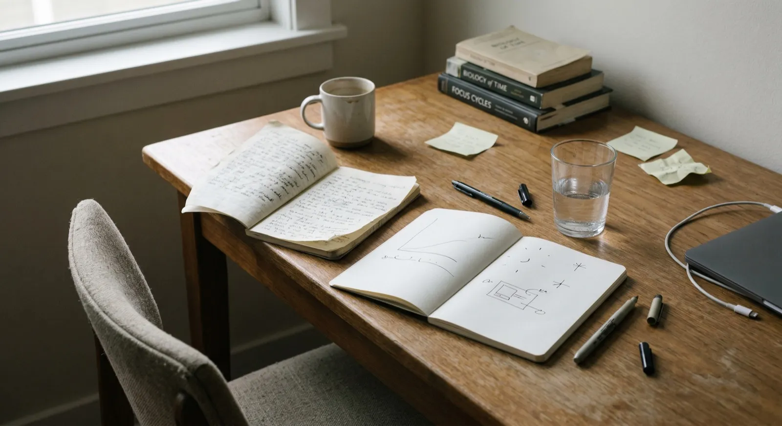 Afternoon desk with one completed notebook, one fresh notebook page with simple curves, a half-full glass of water, and signs of work unfolding in phases
