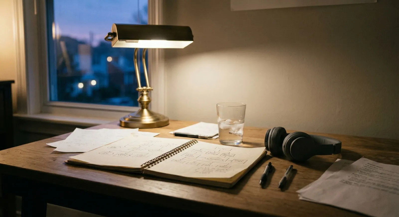 Early evening desk by a window with an open notebook, glass of water, headphones, and warm lamp light
