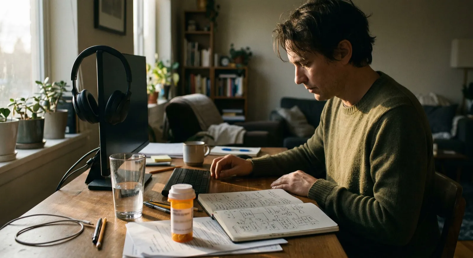 Late afternoon home workspace with a person still focused at a desk, headphones, notebook, glass of water, and a prescription bottle