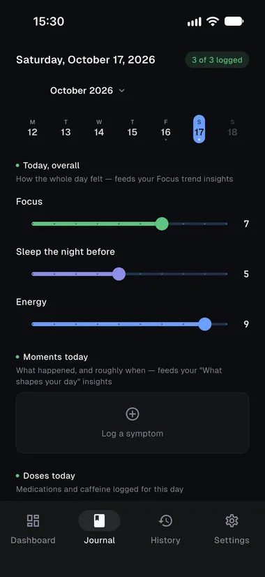 Daily journal check-in with sliders for focus, sleep the night before, and energy, plus moments and doses logged today