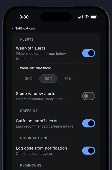 Notification settings screen with wear-off alerts, sleep window alerts, and caffeine cutoff reminders