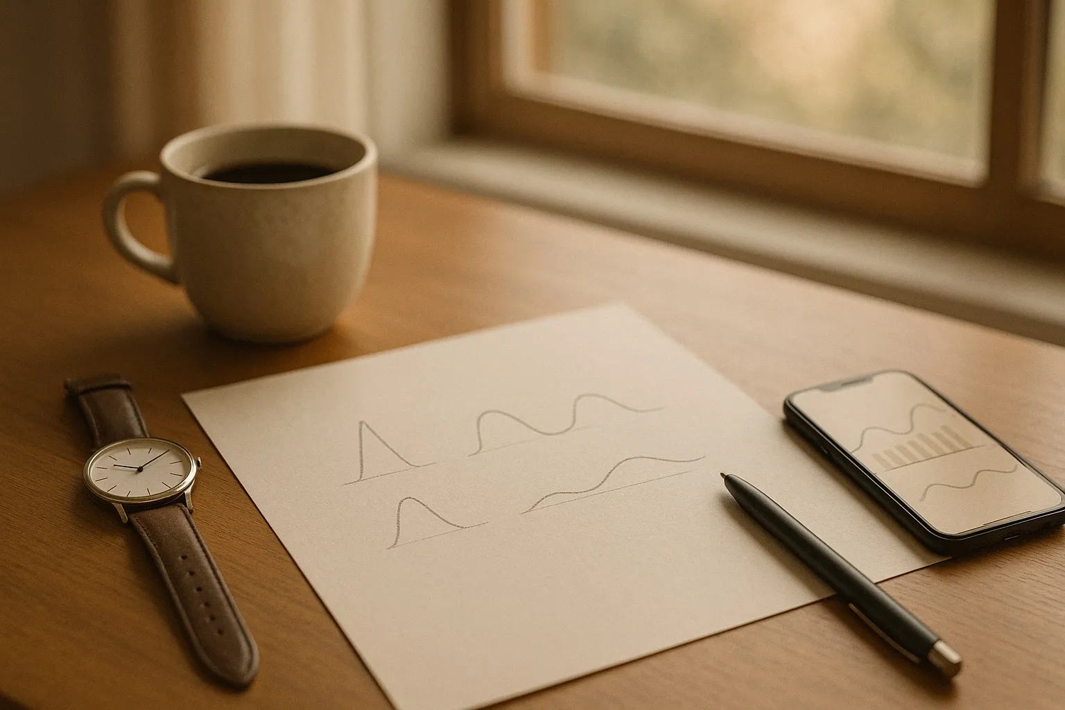 Afternoon desk by a window with three hand-drawn rising-and-falling curves on paper, a coffee cup, a watch, and a phone showing a timeline graphic