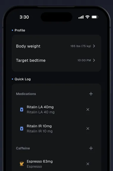 Settings screen showing profile with body weight and target bedtime, plus a quick log list of saved medications and caffeine for one-tap dosing