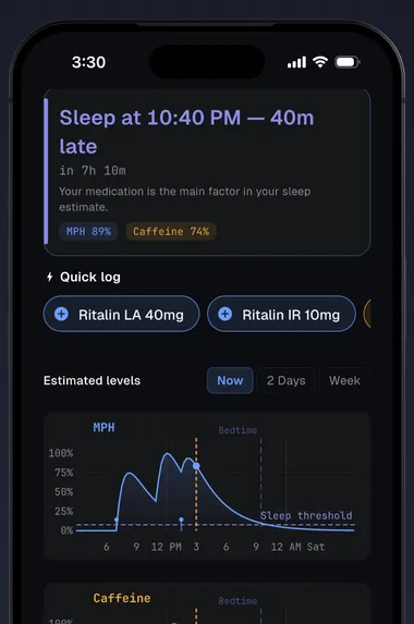 Main dashboard showing estimated medication timeline with sleep prediction, quick dose logging, and real-time MPH and caffeine levels