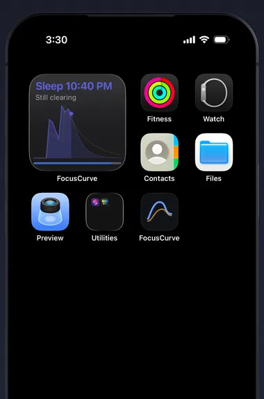 iOS home screen with FocusCurve widget showing current medication levels and estimated sleep time